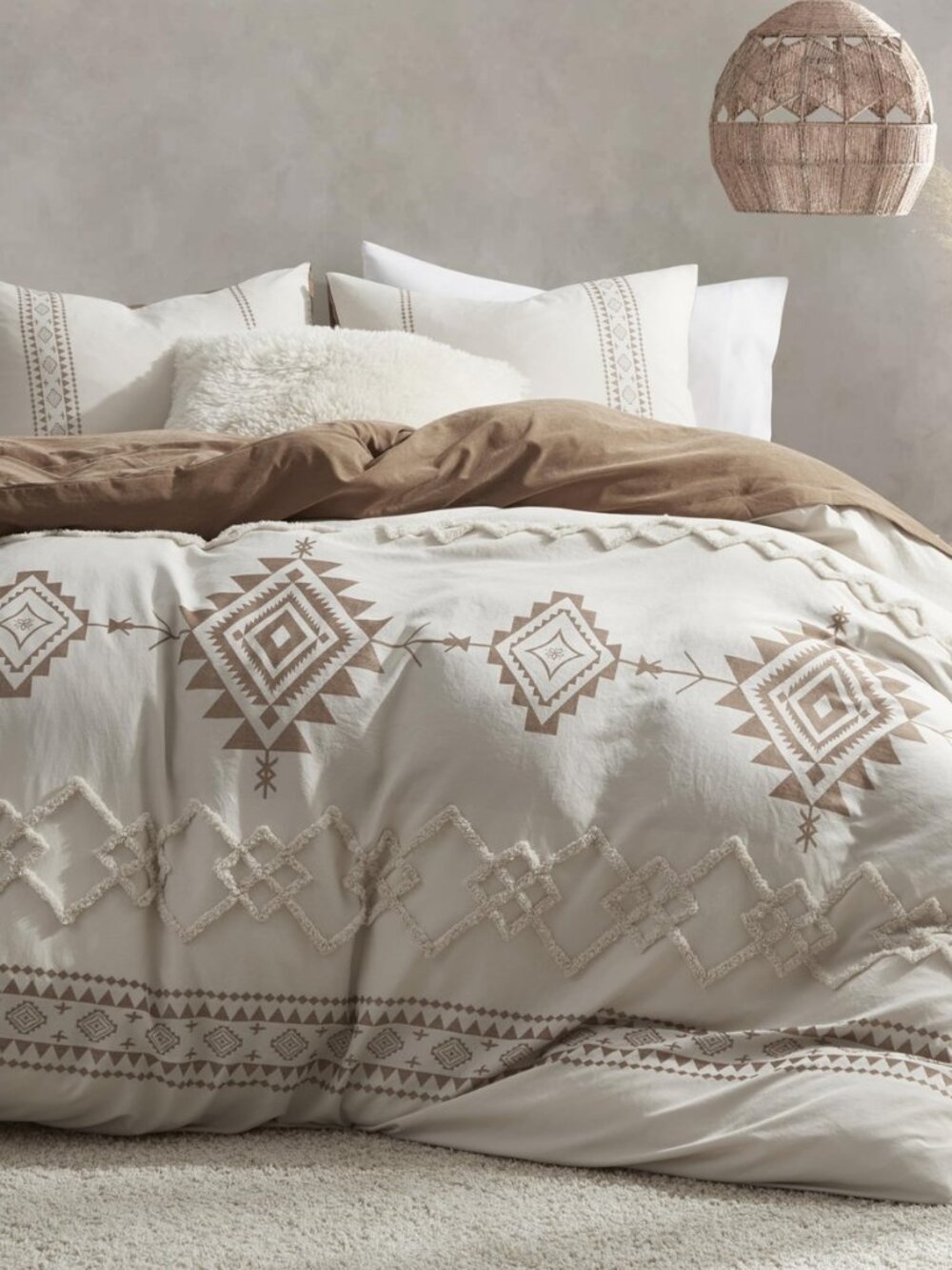 Boho Duvet Cover Queen Size, Beige & Terracotta, 3 Pieces
